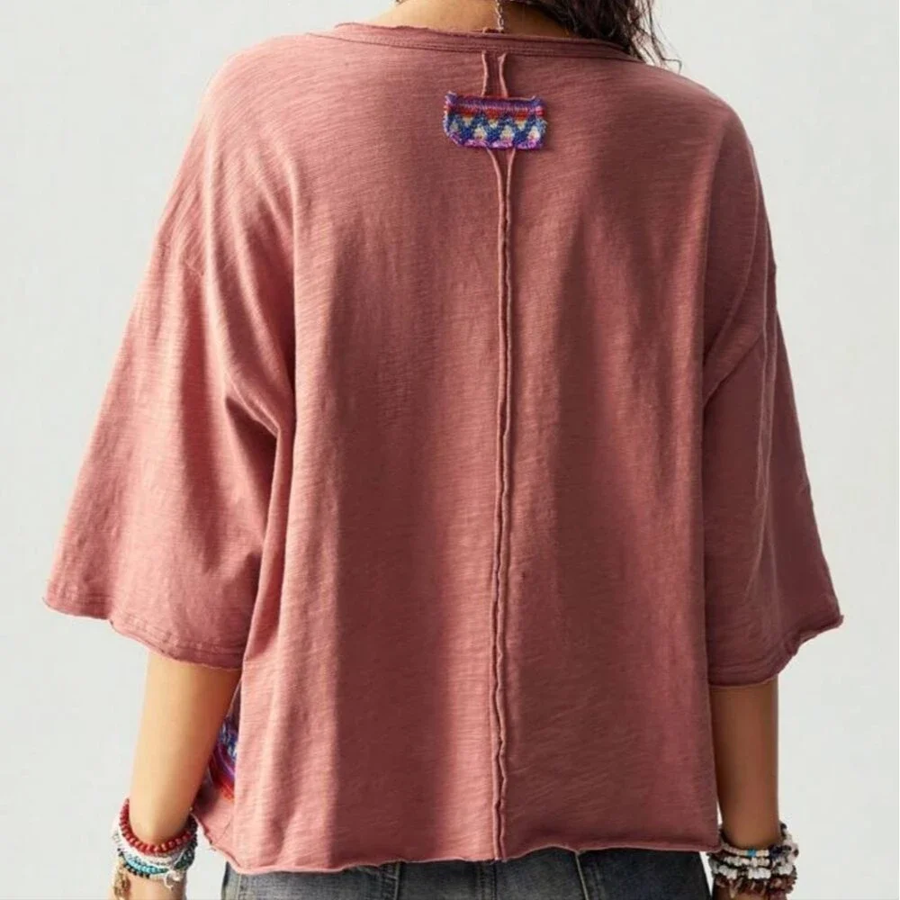 Shein Boho Feel Bohemela Round Neck Short Sleeve Loose FiT pink Size Xl - Picture 2 of 15